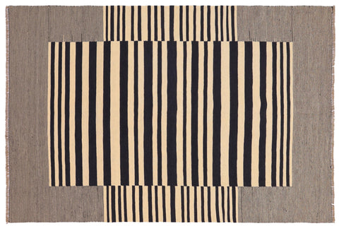 handmade Modern Kilim Beige Black Hand-Woven RECTANGLE 100% WOOL area rug 6 x 8