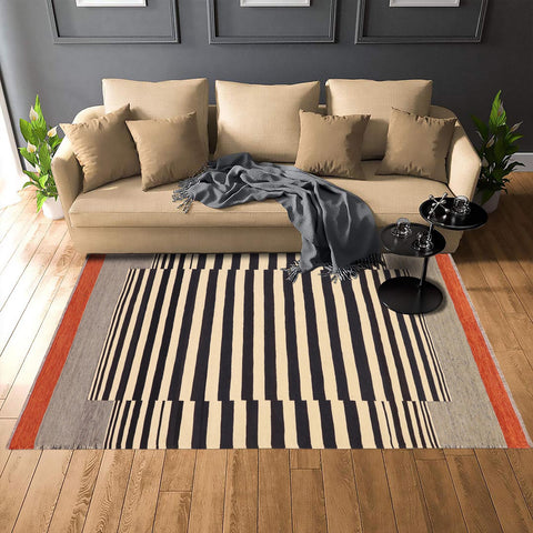 handmade Modern Kilim Beige Black Hand-Woven RECTANGLE 100% WOOL area rug 6x8