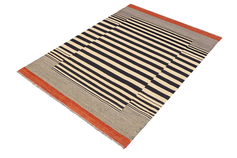 handmade Modern Kilim Beige Black Hand-Woven RECTANGLE 100% WOOL area rug 6x8