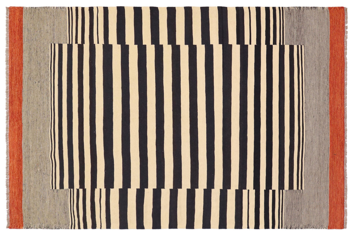 handmade Modern Kilim Beige Black Hand-Woven RECTANGLE 100% WOOL area rug 6x8