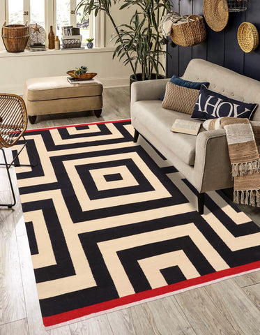 handmade Modern Kilim Beige Black Hand-Woven RECTANGLE 100% WOOL area rug 6x8