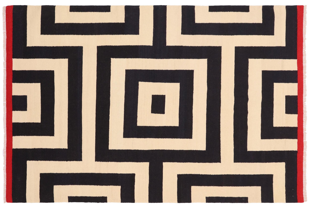 handmade Modern Kilim Beige Black Hand-Woven RECTANGLE 100% WOOL area rug 6x8