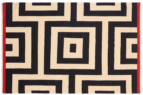handmade Modern Kilim Beige Black Hand-Woven RECTANGLE 100% WOOL area rug 6x8