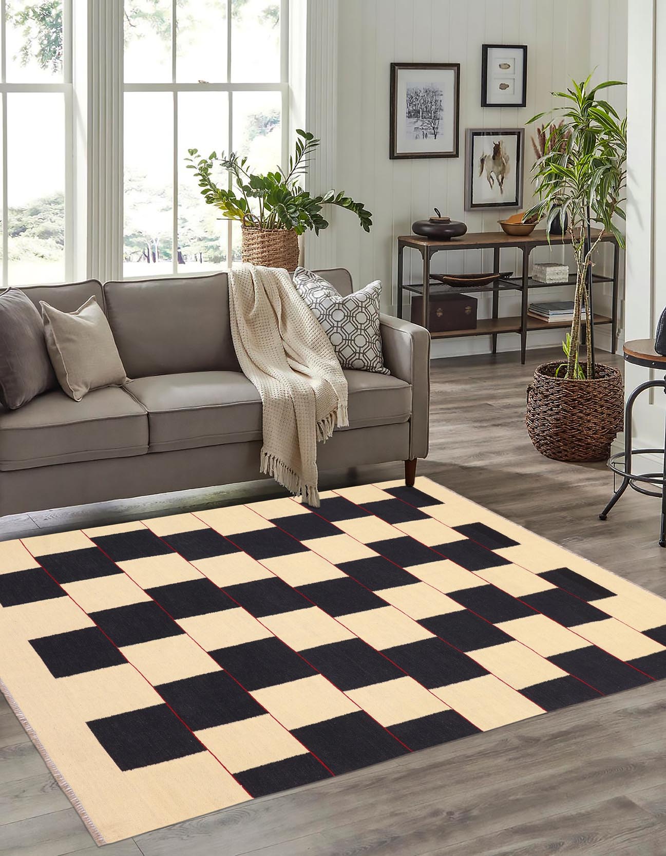 handmade Modern Kilim Beige Black Hand-Woven RECTANGLE 100% WOOL area rug 5 x 8