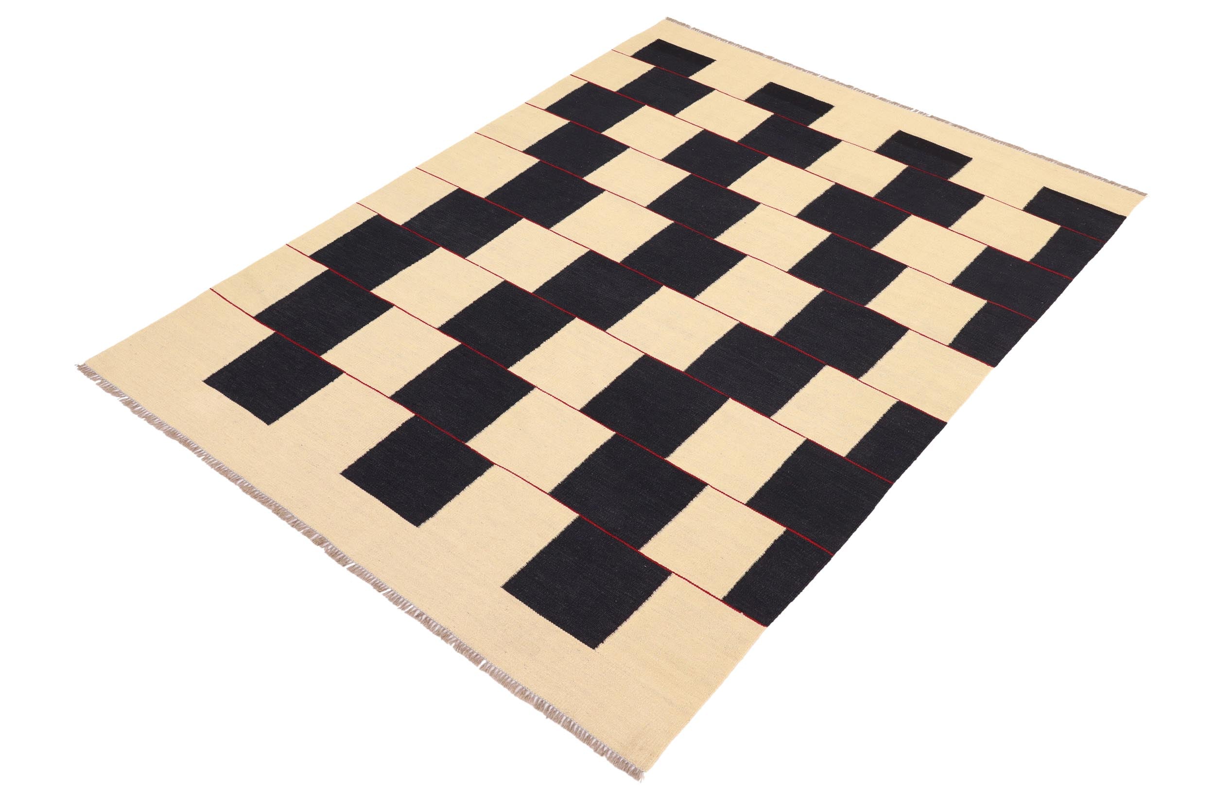 handmade Modern Kilim Beige Black Hand-Woven RECTANGLE 100% WOOL area rug 5 x 8