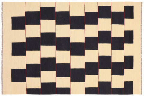 handmade Modern Kilim Beige Black Hand-Woven RECTANGLE 100% WOOL area rug 5 x 8