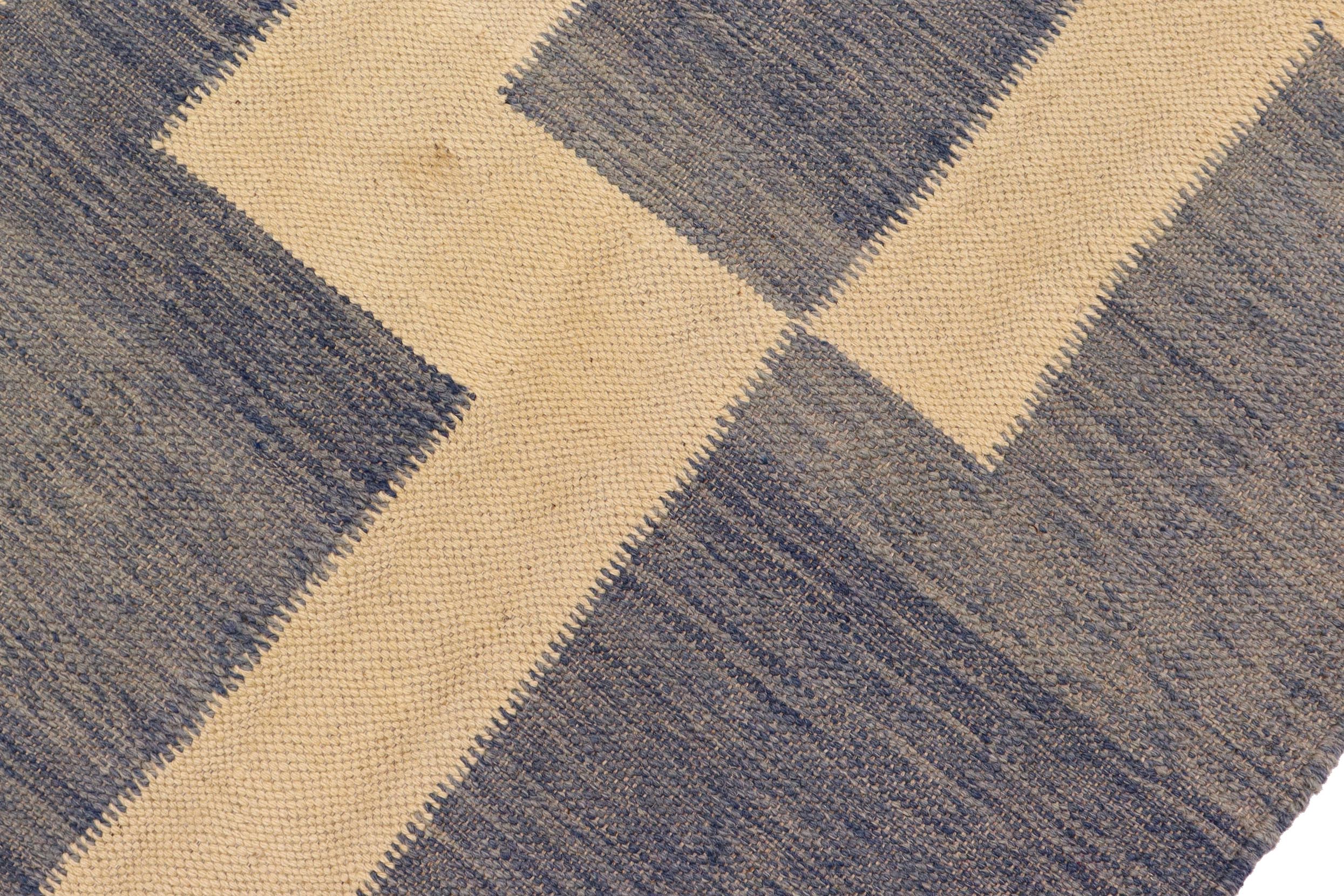 handmade Modern Kilim Blue Beige Hand-Woven RECTANGLE 100% WOOL area rug 5 x 6