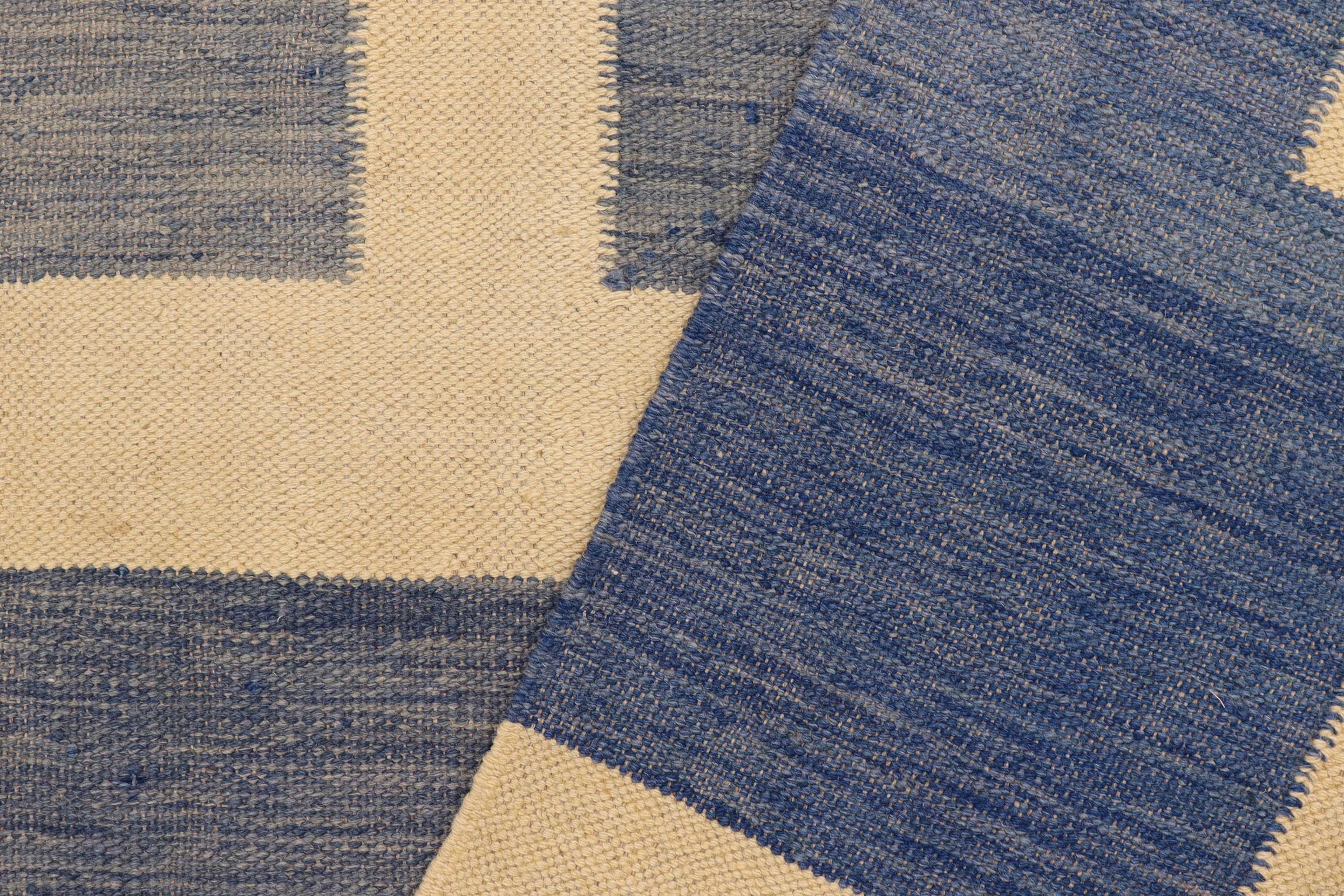 handmade Modern Kilim Blue Beige Hand-Woven RECTANGLE 100% WOOL area rug 5 x 6