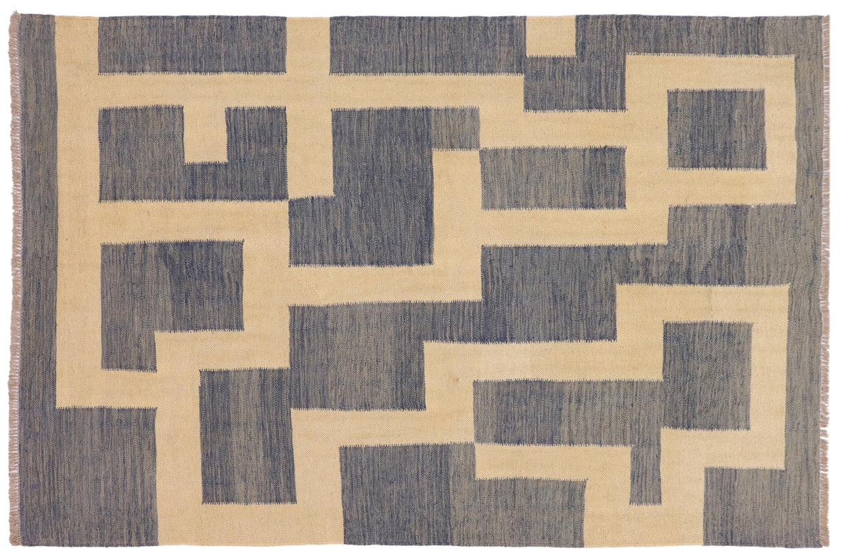 handmade Modern Kilim Blue Beige Hand-Woven RECTANGLE 100% WOOL area rug 5 x 6
