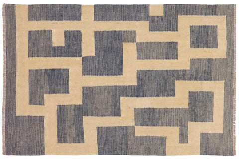 handmade Modern Kilim Blue Beige Hand-Woven RECTANGLE 100% WOOL area rug 5 x 6
