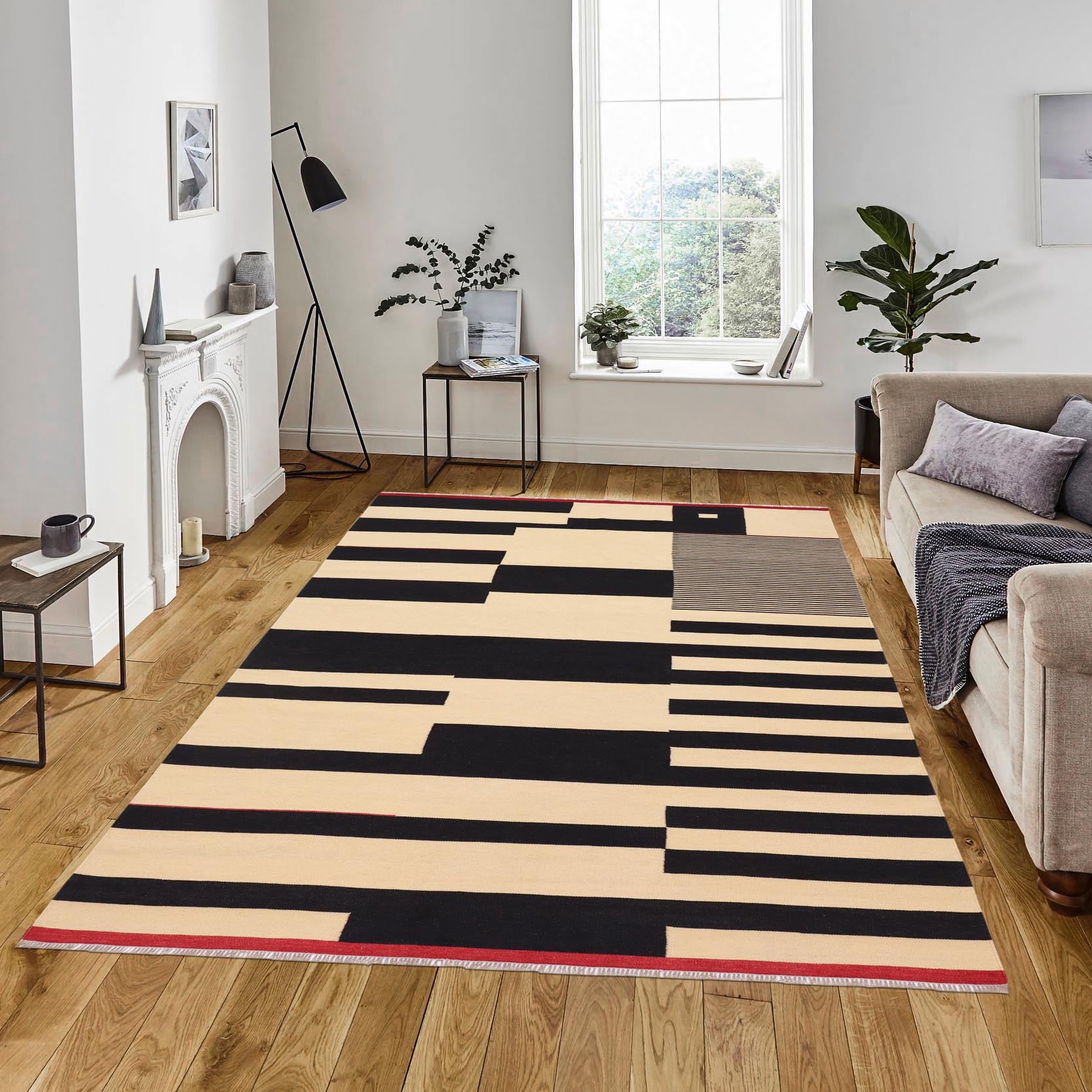handmade Modern Kilim Beige Black Hand-Woven RECTANGLE 100% WOOL area rug 7 x 10