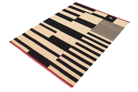 handmade Modern Kilim Beige Black Hand-Woven RECTANGLE 100% WOOL area rug 7 x 10