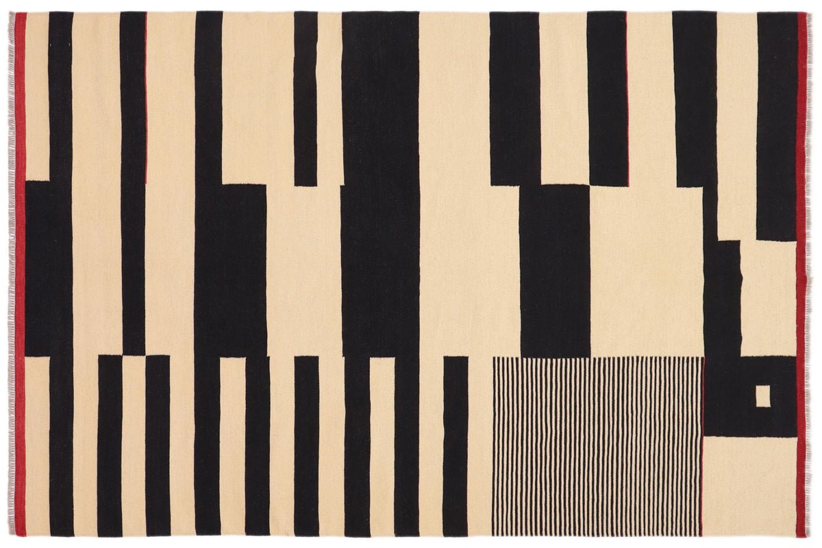 handmade Modern Kilim Beige Black Hand-Woven RECTANGLE 100% WOOL area rug 7 x 10