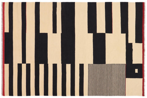 handmade Modern Kilim Beige Black Hand-Woven RECTANGLE 100% WOOL area rug 7 x 10