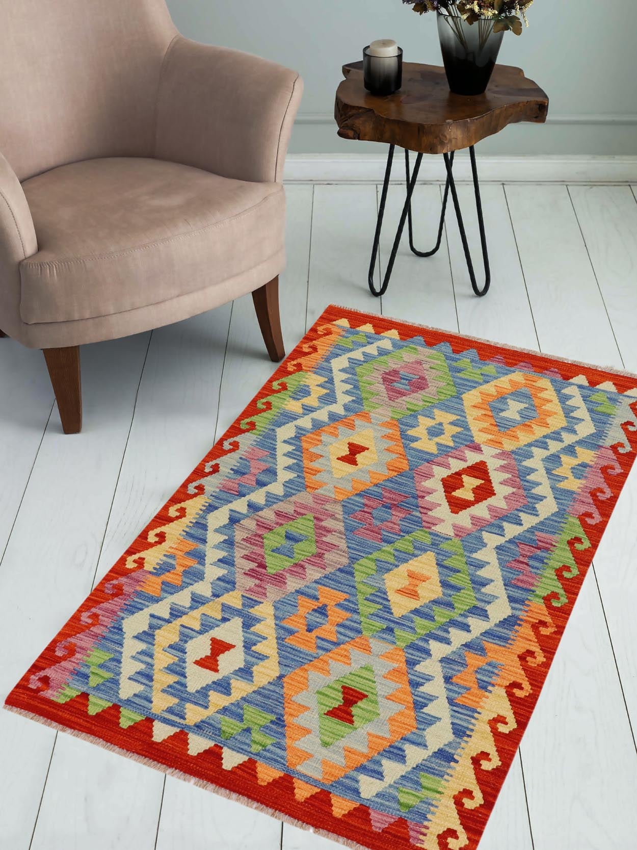 handmade Geometric Kilim Blue Rust Hand-Woven RECTANGLE 100% WOOL area rug 3 x 4