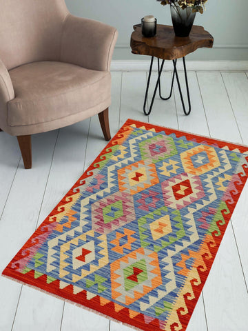 handmade Geometric Kilim Blue Rust Hand-Woven RECTANGLE 100% WOOL area rug 3 x 4