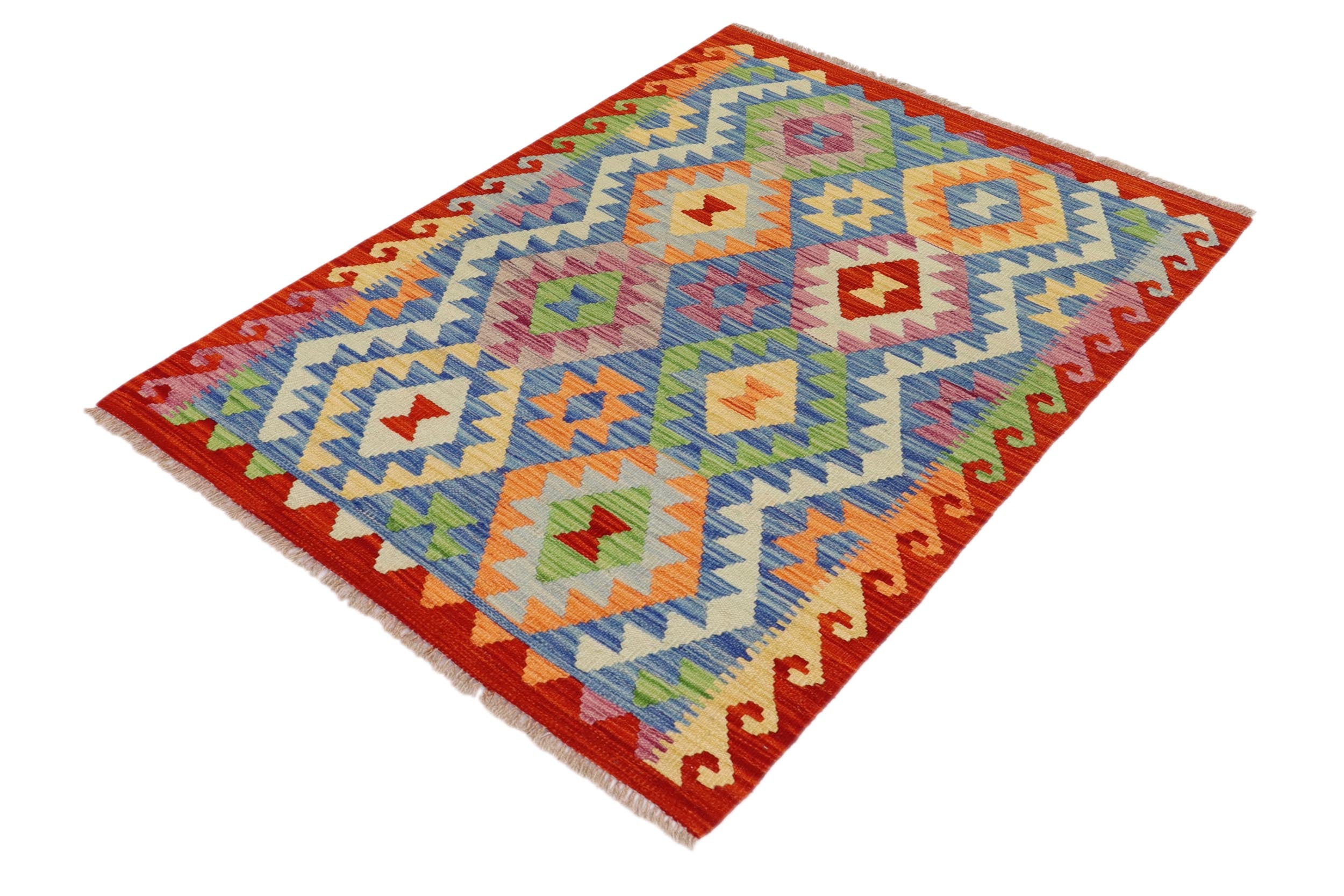 handmade Geometric Kilim Blue Rust Hand-Woven RECTANGLE 100% WOOL area rug 3 x 4