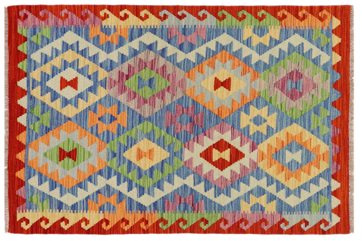 handmade Geometric Kilim Blue Rust Hand-Woven RECTANGLE 100% WOOL area rug 3 x 4