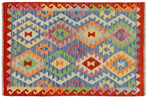 handmade Geometric Kilim Blue Rust Hand-Woven RECTANGLE 100% WOOL area rug 3 x 4