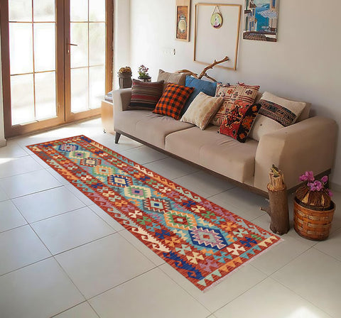 handmade Geometric Kilim Blue Rust Hand-Woven RUNNER 100% WOOL area rug 3' x 10'