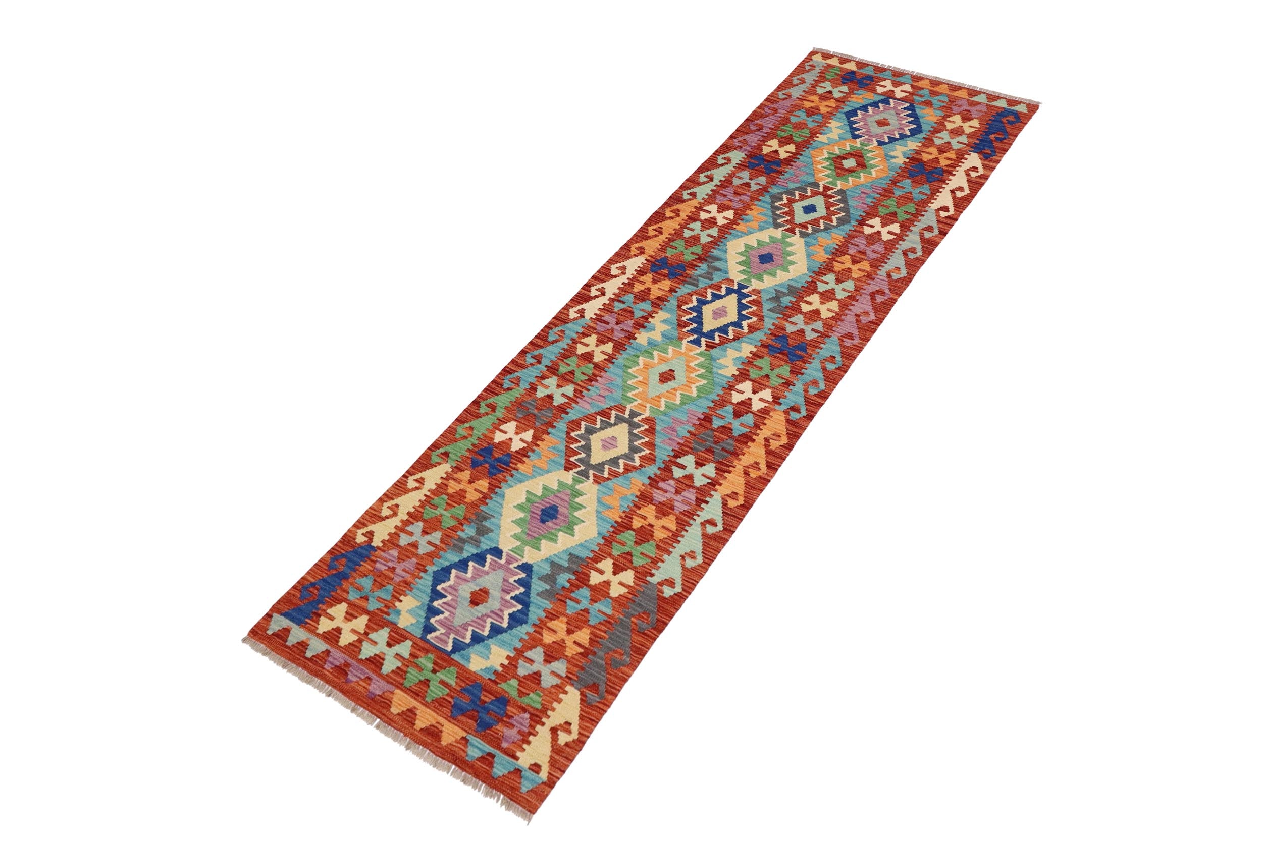 handmade Geometric Kilim Blue Rust Hand-Woven RUNNER 100% WOOL area rug 3' x 10'