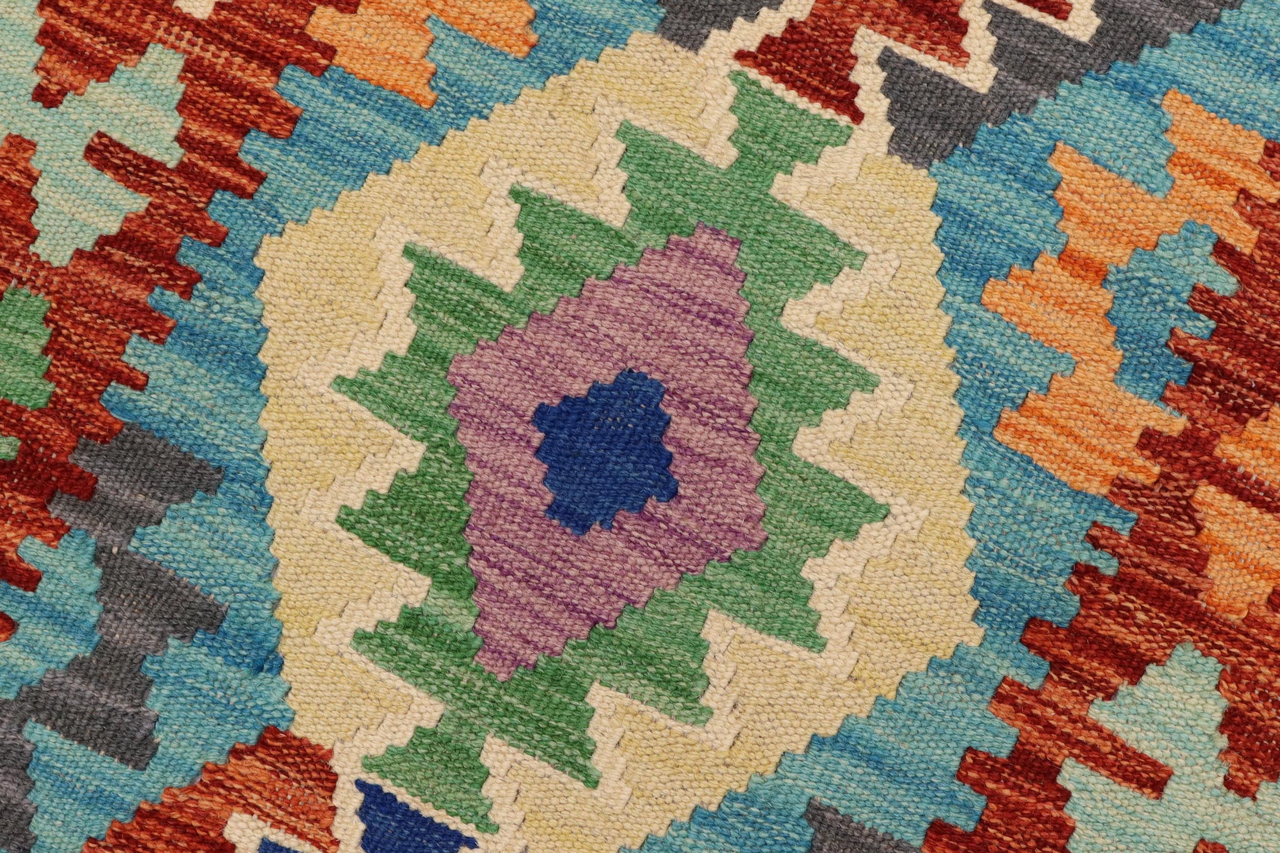 handmade Geometric Kilim Blue Rust Hand-Woven RUNNER 100% WOOL area rug 3' x 10'