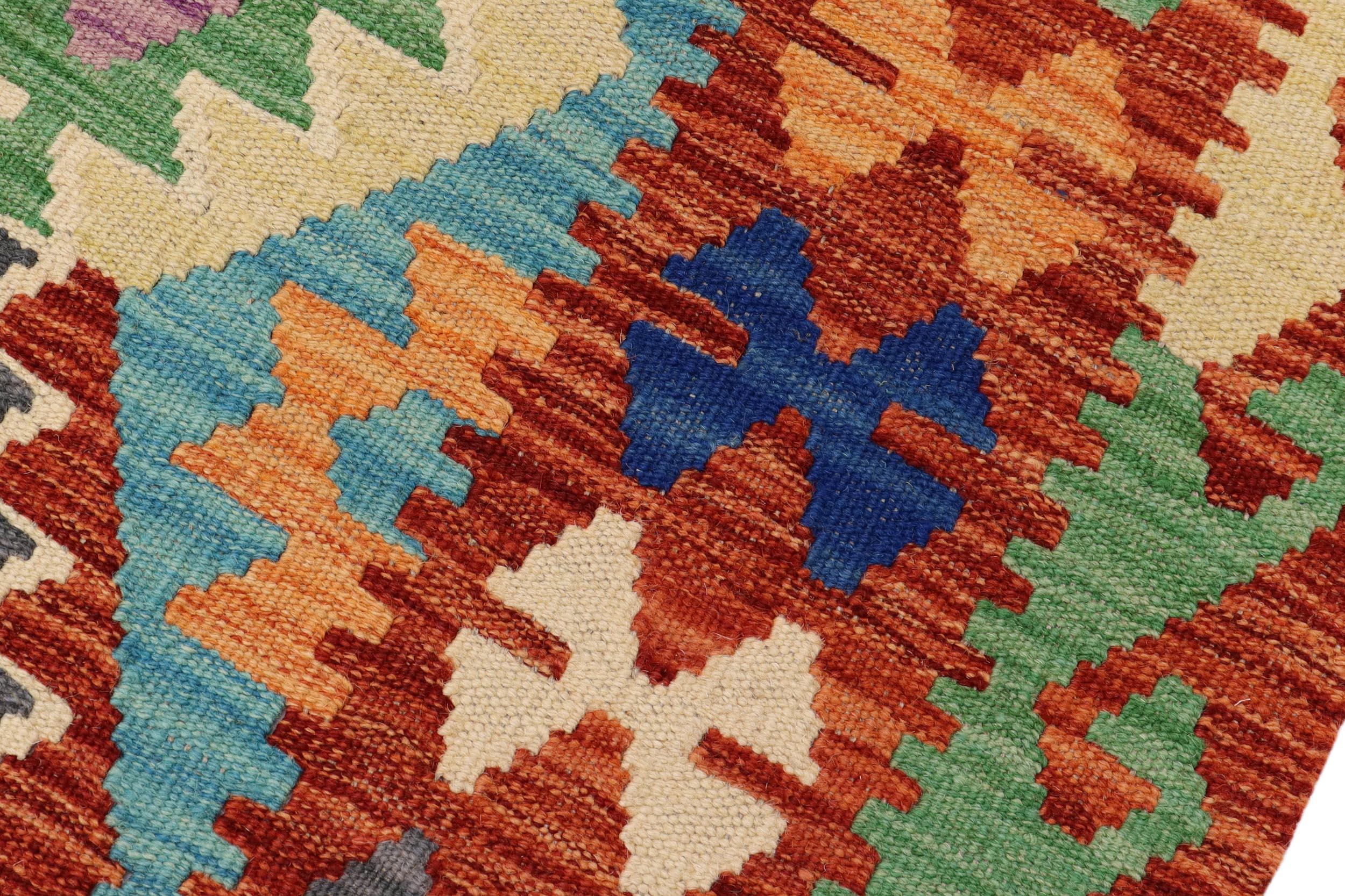 handmade Geometric Kilim Blue Rust Hand-Woven RUNNER 100% WOOL area rug 3' x 10'