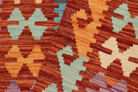 handmade Geometric Kilim Blue Rust Hand-Woven RUNNER 100% WOOL area rug 3' x 10'