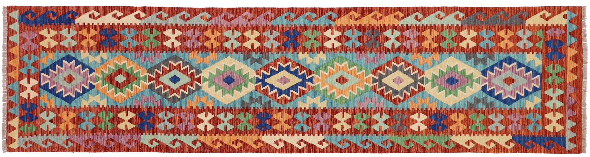 handmade Geometric Kilim Blue Rust Hand-Woven RUNNER 100% WOOL area rug 3' x 10'