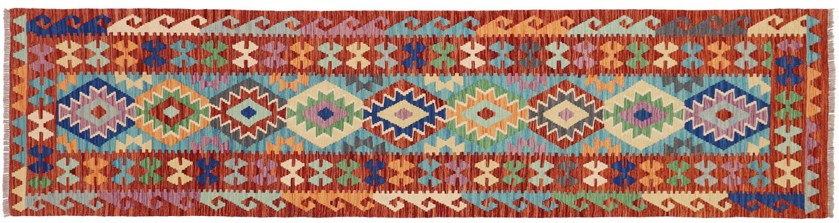 handmade Geometric Kilim Blue Rust Hand-Woven RUNNER 100% WOOL area rug 3' x 10'