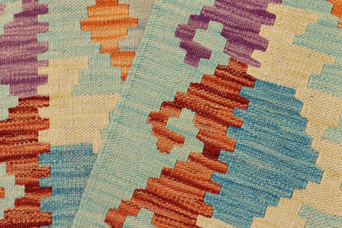 handmade Geometric Kilim Blue Rust Hand-Woven RUNNER 100% WOOL area rug 3' x 9'