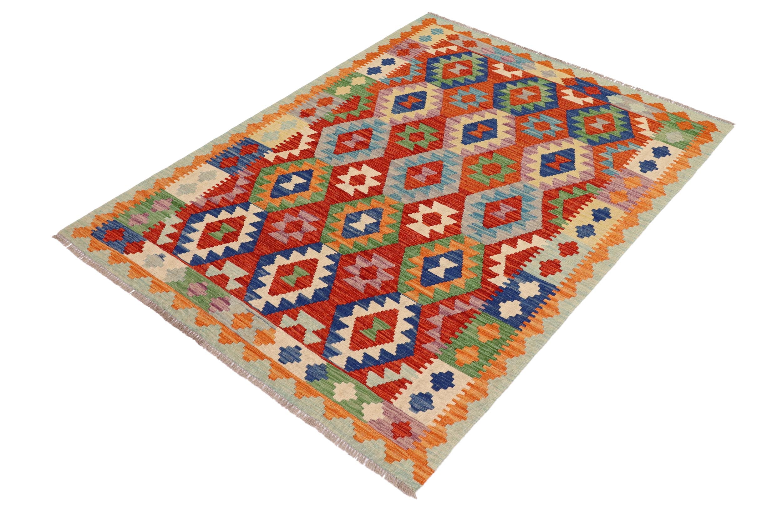 handmade Geometric Kilim Rust Blue Hand-Woven RECTANGLE 100% WOOL area rug 5 x 7