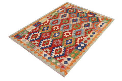 handmade Geometric Kilim Rust Blue Hand-Woven RECTANGLE 100% WOOL area rug 5 x 7