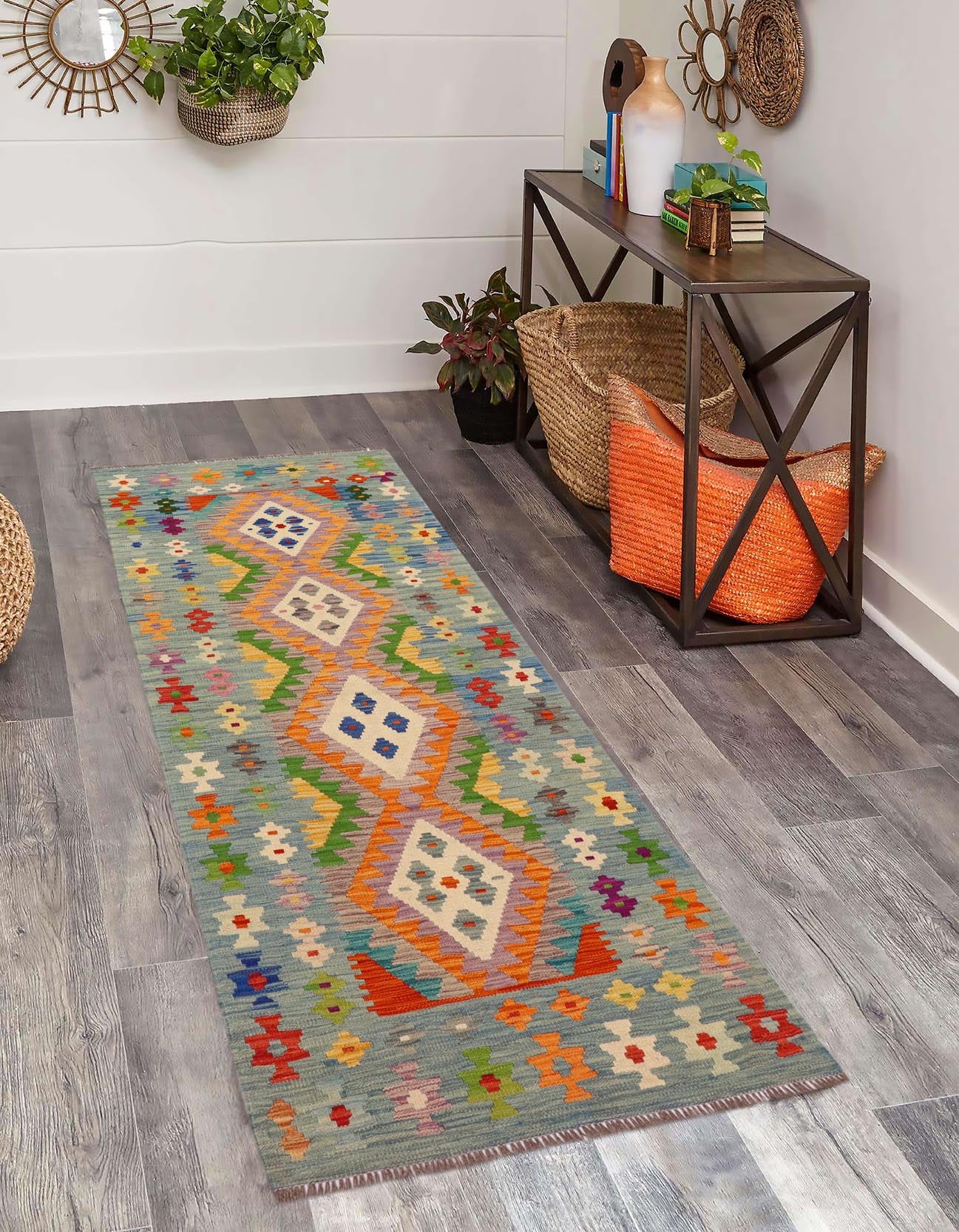 handmade Geometric Kilim Orange Blue Hand-Woven RUNNER 100% WOOL area rug 3' x 7'