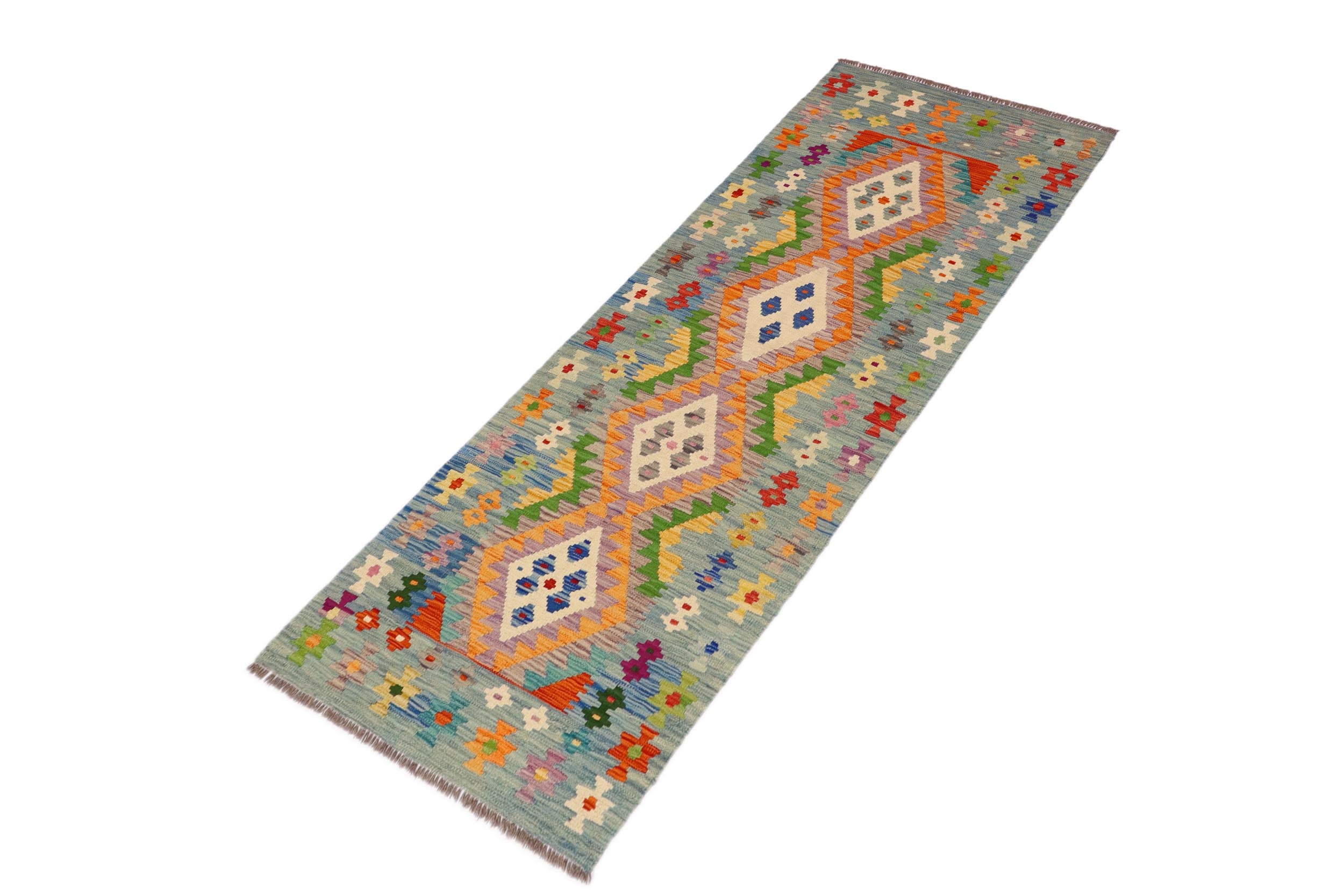 handmade Geometric Kilim Orange Blue Hand-Woven RUNNER 100% WOOL area rug 3' x 7'