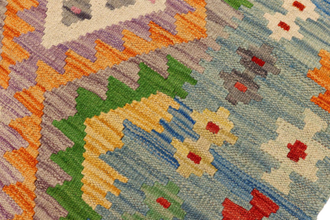 handmade Geometric Kilim Orange Blue Hand-Woven RUNNER 100% WOOL area rug 3' x 7'