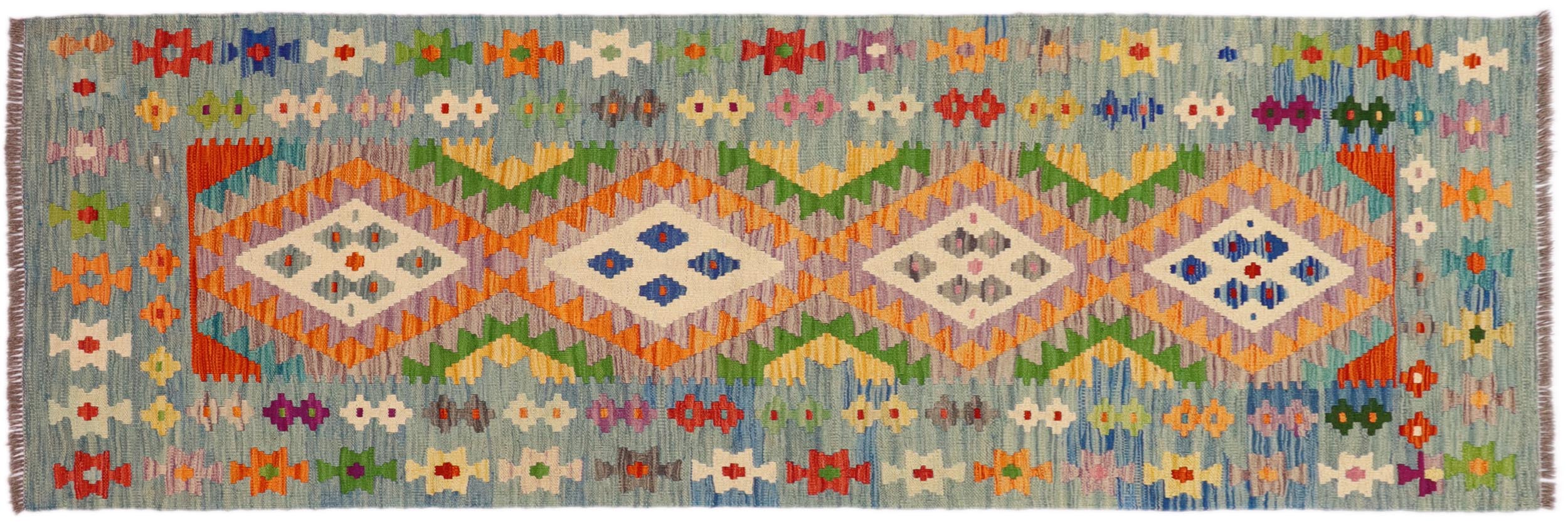 handmade Geometric Kilim Orange Blue Hand-Woven RUNNER 100% WOOL area rug 3' x 7'