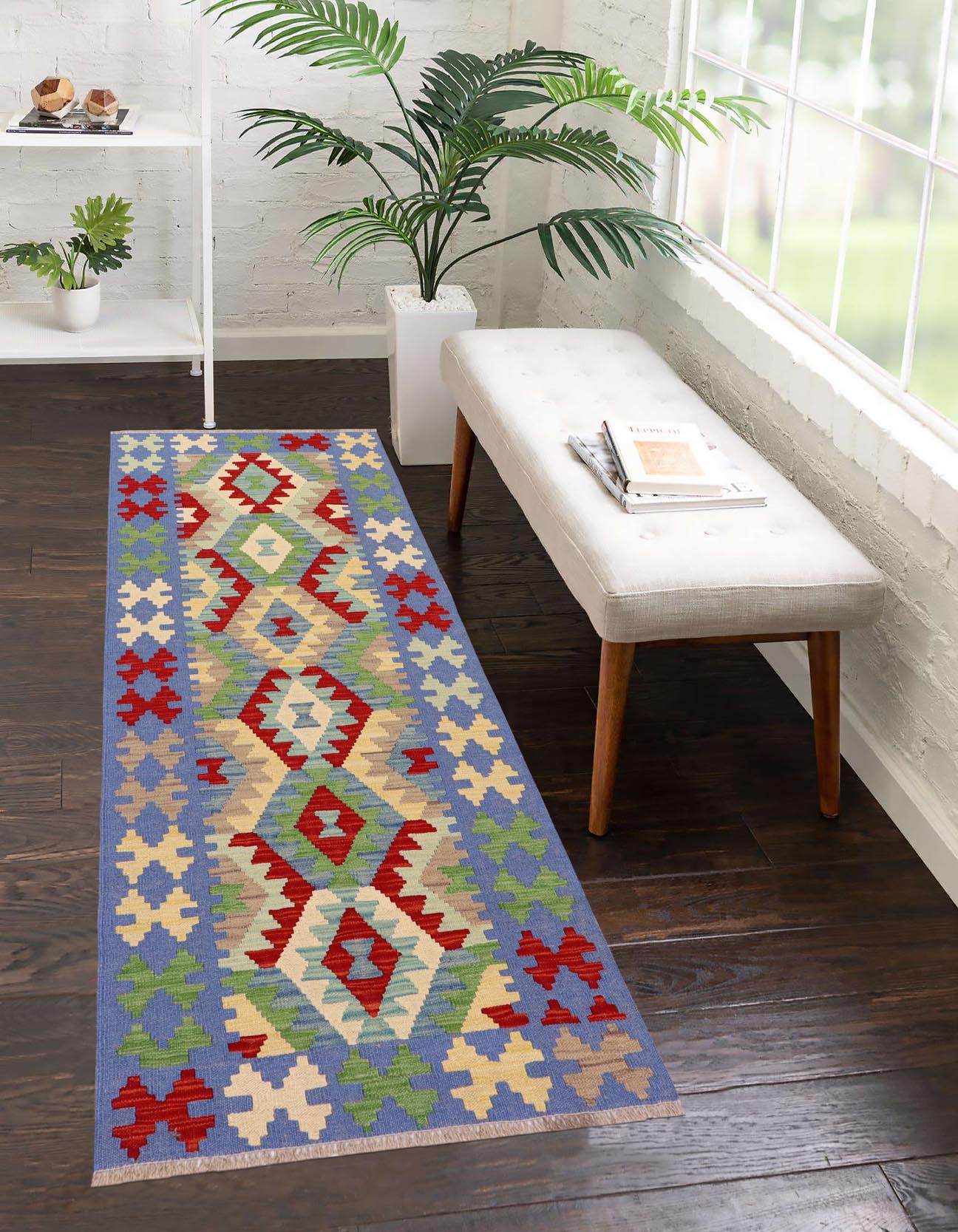 handmade Geometric Kilim Blue Red Hand-Woven RUNNER 100% WOOL area rug 3' x 6'