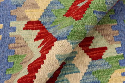 handmade Geometric Kilim Blue Red Hand-Woven RUNNER 100% WOOL area rug 3' x 6'