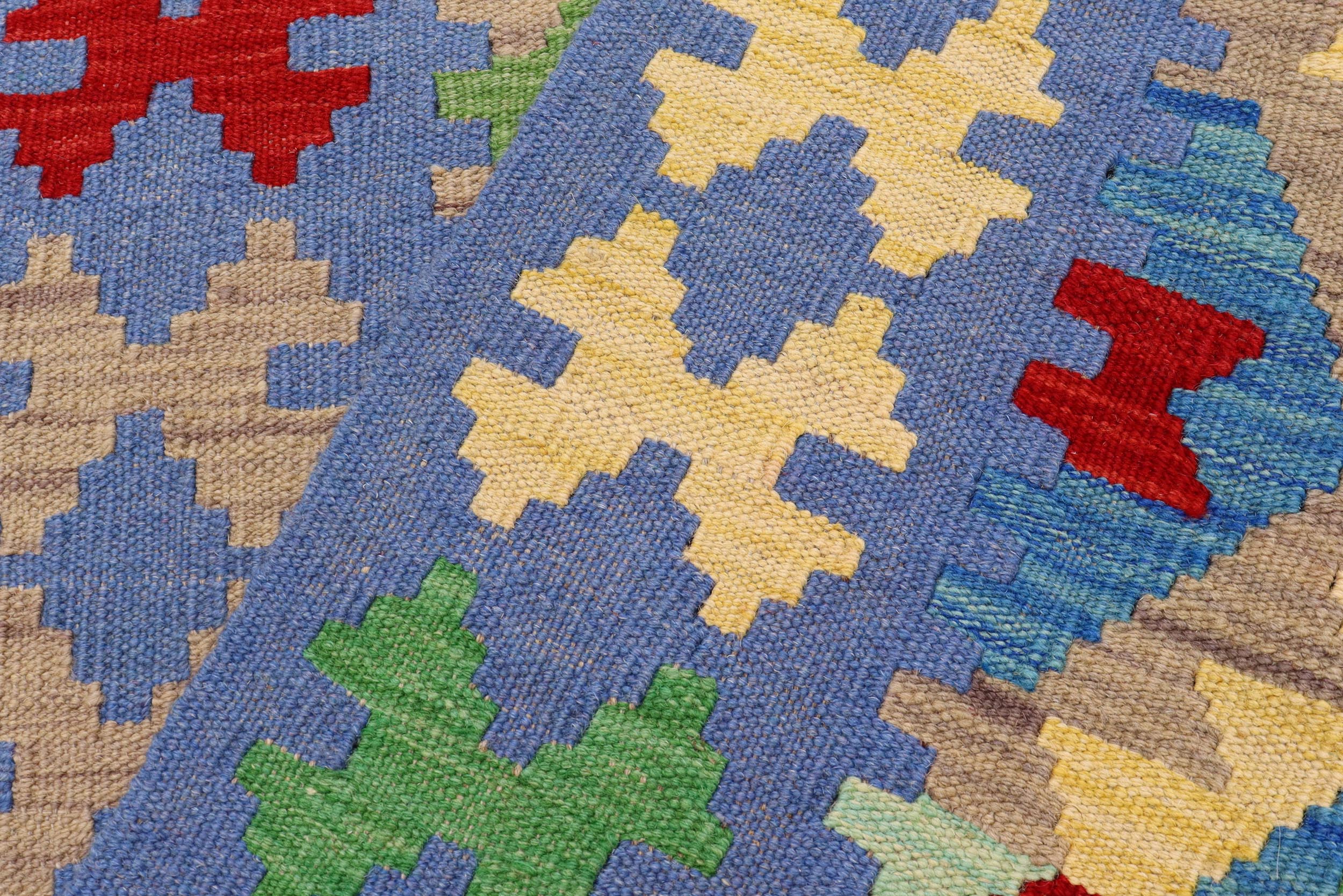 handmade Geometric Kilim Blue Red Hand-Woven RUNNER 100% WOOL area rug 3' x 6'