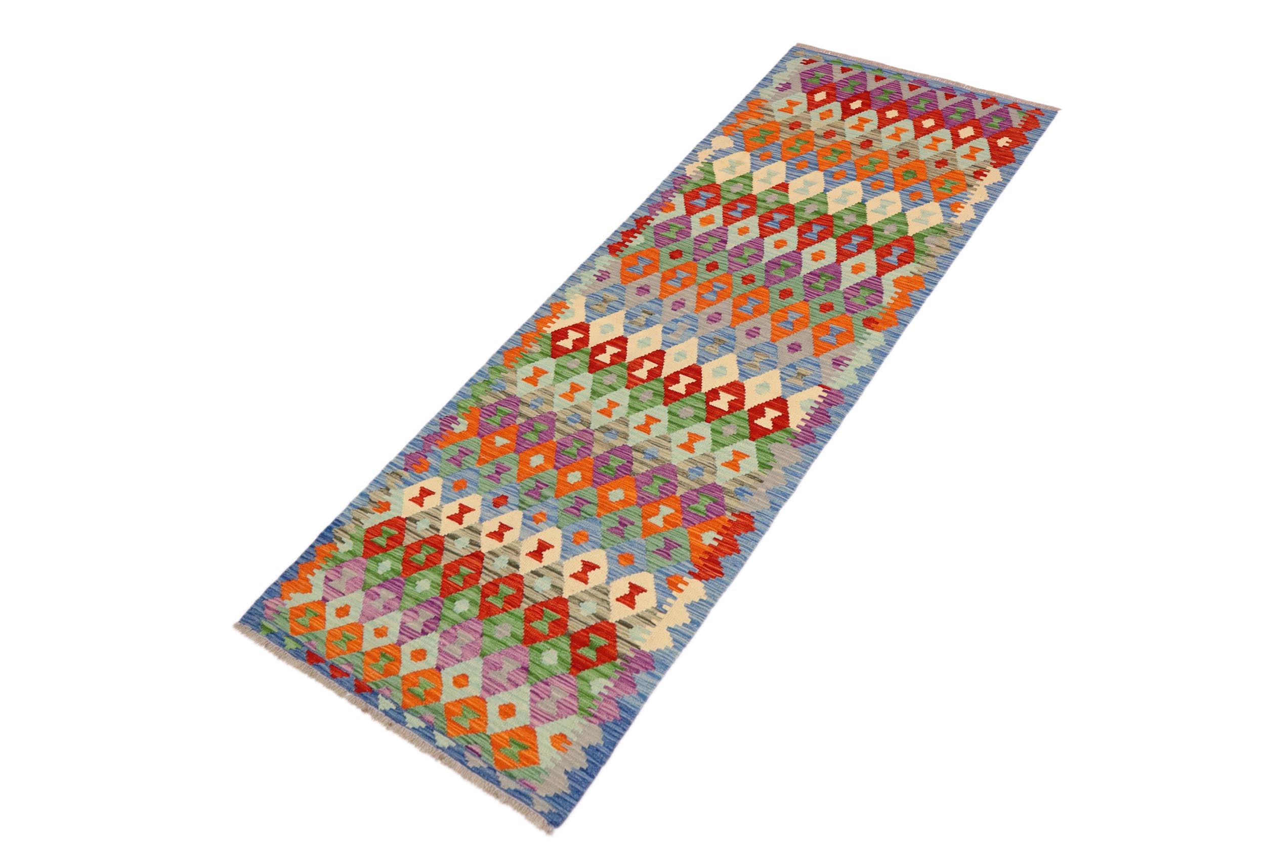 handmade Modern Kilim Blue Rust Hand-Woven RUNNER 100% WOOL area rug 3x10