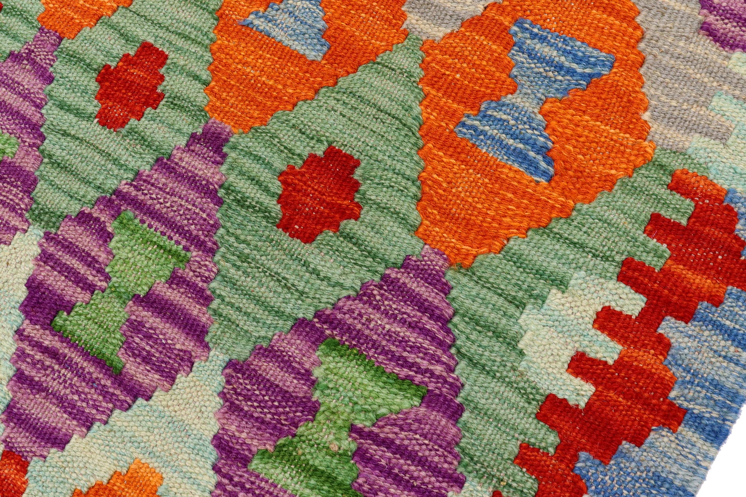 handmade Modern Kilim Blue Rust Hand-Woven RUNNER 100% WOOL area rug 3x10