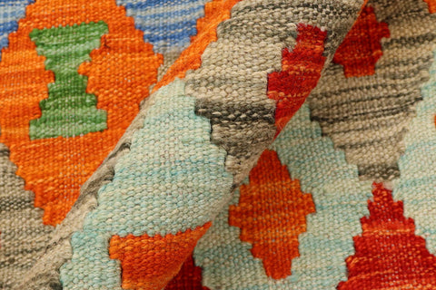 handmade Modern Kilim Blue Rust Hand-Woven RUNNER 100% WOOL area rug 3x10