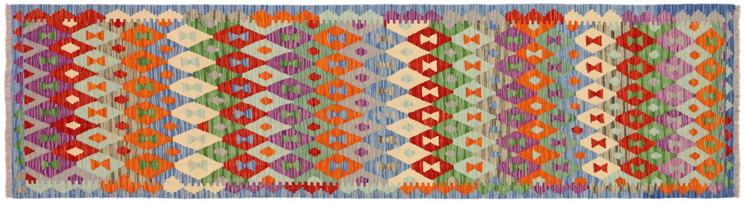 handmade Modern Kilim Blue Rust Hand-Woven RUNNER 100% WOOL area rug 3x10