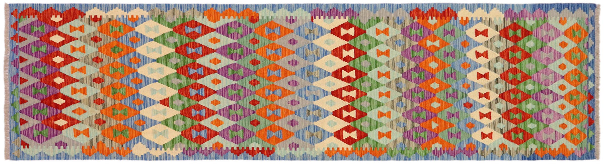 handmade Modern Kilim Blue Rust Hand-Woven RUNNER 100% WOOL area rug 3x10