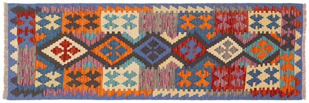 Flat Weave Kilim Antique Navaho Vintage handmade Geometric Kilim Blue Rust Hand-Woven Runner 100% Wool Area Rug 3x6 