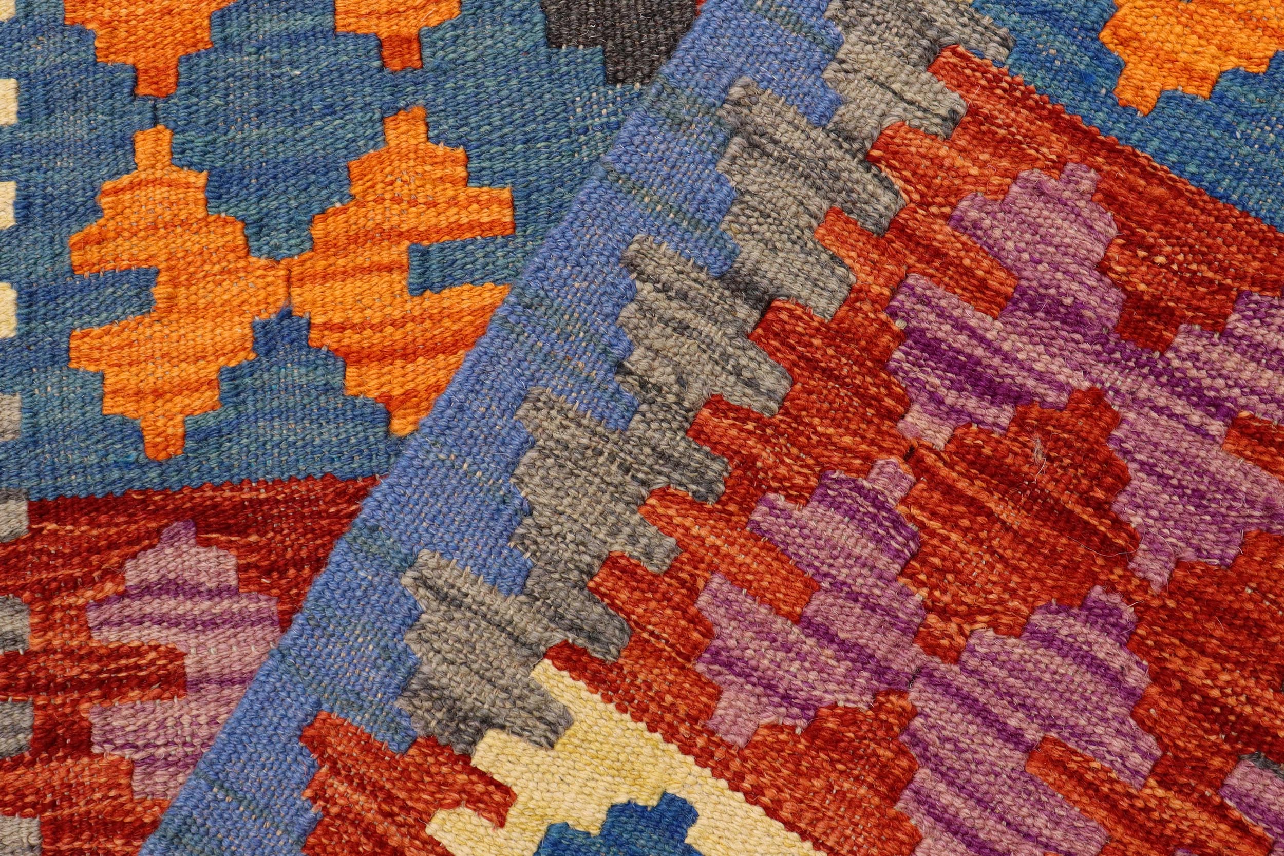 handmade Geometric Kilim Blue Rust Hand-Woven RUNNER 100% WOOL area rug 3' x 6'