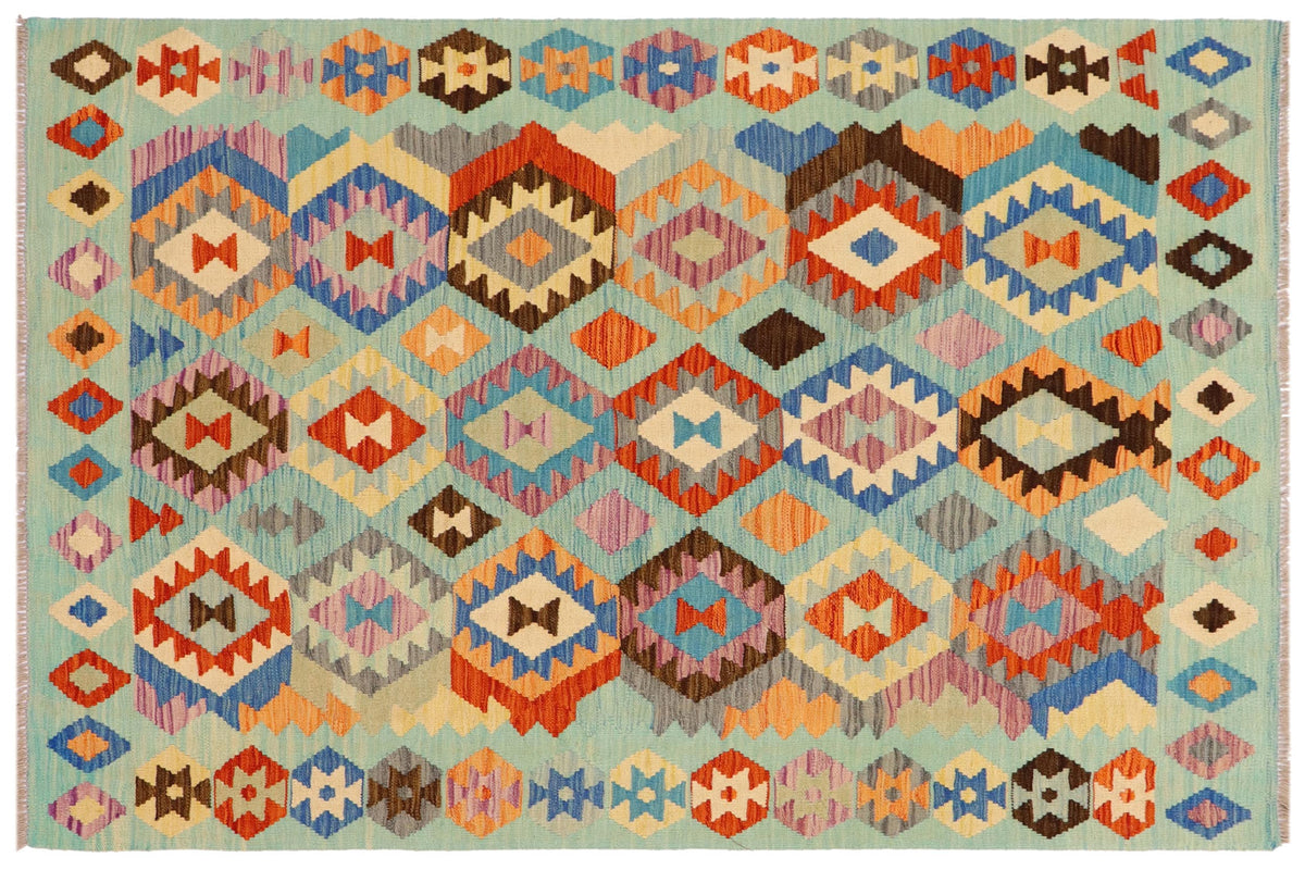 handmade Geometric Kilim Blue Rust Hand-Woven RECTANGLE 100% WOOL area rug 5x6