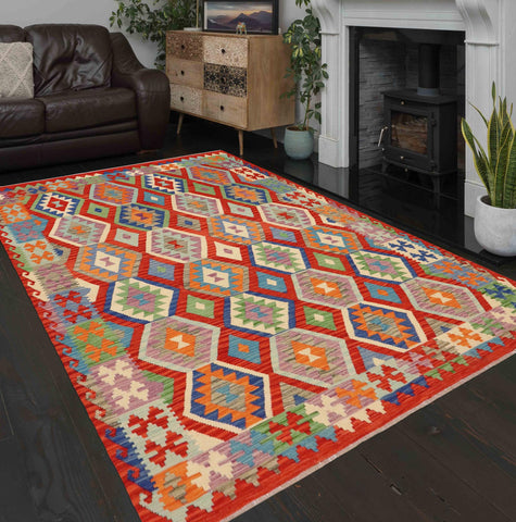 handmade Geometric Kilim Rust Blue Hand-Woven RECTANGLE 100% WOOL area rug 7 x 10