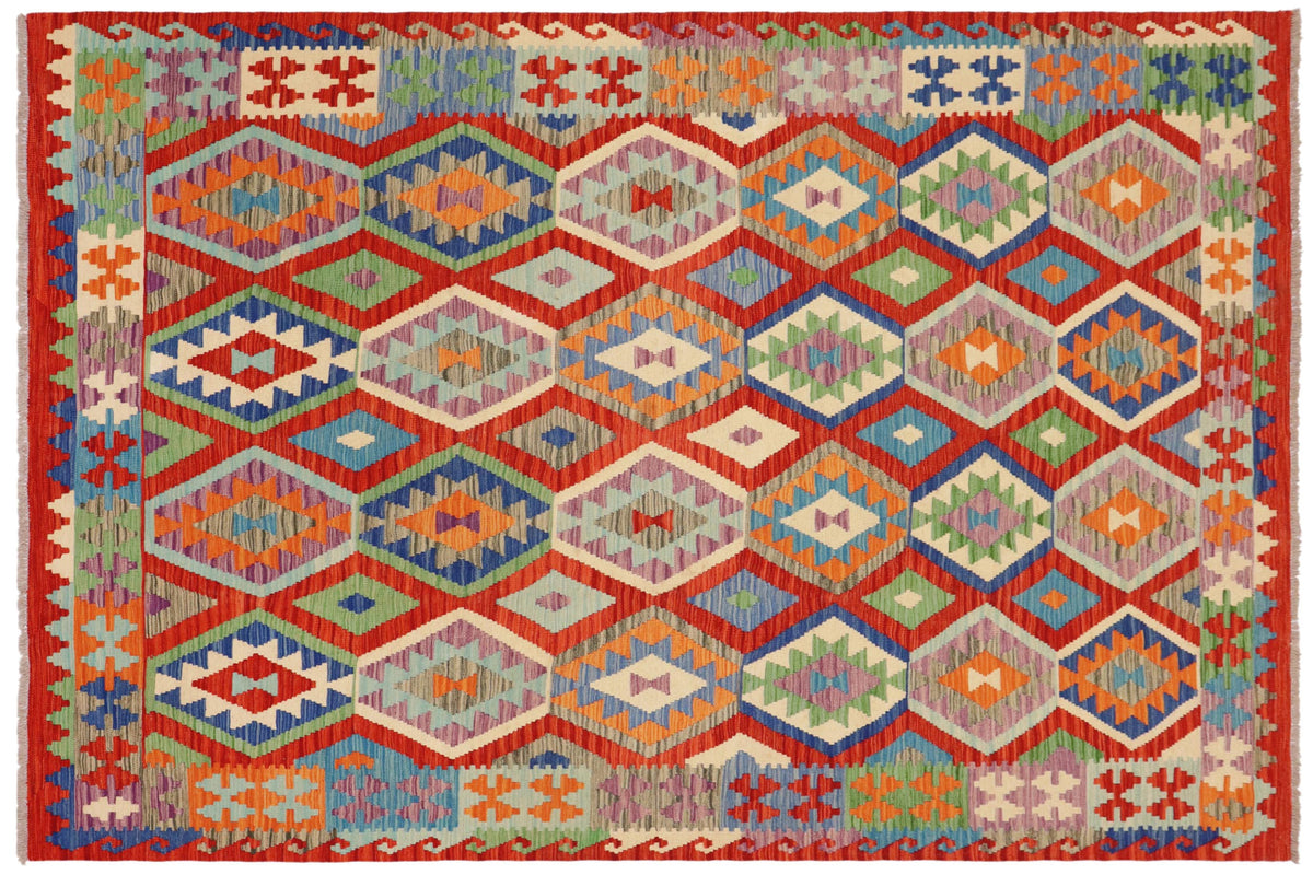 handmade Geometric Kilim Rust Blue Hand-Woven RECTANGLE 100% WOOL area rug 7 x 10